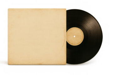 Vintage vinyl record sliding partway out of minimal white album sleeve against transparent backdrop