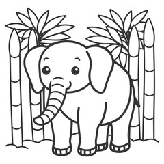 Cartoon Elephant with Bamboo in Jungle – Black and White Line Art