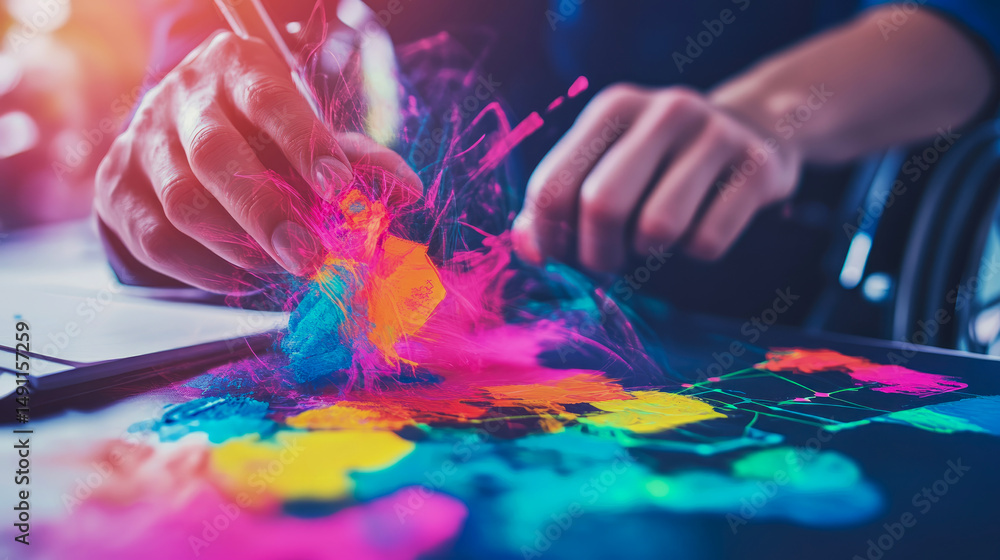 Poster artistic creation: a vibrant explosion of color as hands manipulate a paintbrush on a canvas in a dy
