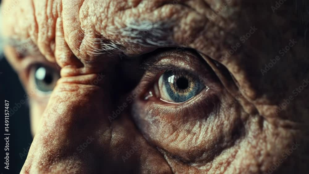 Poster a detailed view of an elderly gentleman's eye with wrinkles and age lines