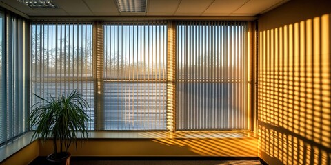 Obraz premium Large office window with horizontal blinds casting striped shadows, outdoor greenery and blue sky visible.