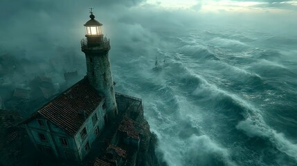 Stormy Seascape with Lighthouse Illuminating the Night Navigational Beacon in Turbulent Waters