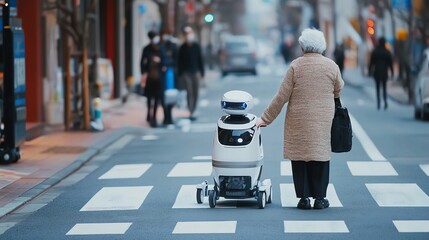 A futuristic robot assists an elderly person while they cross a runway.