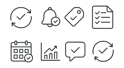 Line style icons of recurring tasks: repeat task icon, reminder badge, daily task tag, weekly list file, monthly routine board, recurring event chart, scheduled task bubble, task cycle symbol.