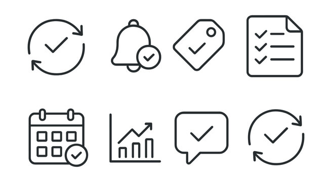 Line style icons of recurring tasks: repeat task icon, reminder badge, daily task tag, weekly list file, monthly routine board, recurring event chart, scheduled task bubble, task cycle symbol.