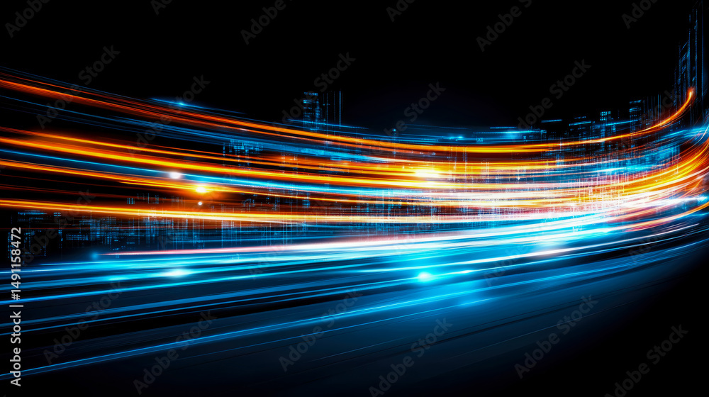 Poster concept: data stream; abstract glow streams of light crossing a cityscape at night