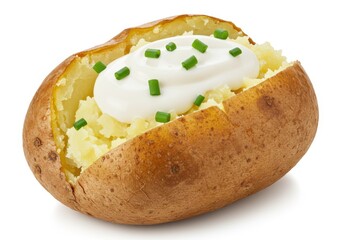 Baked potato with sour cream and chives isolated on a white background