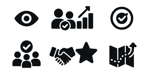 Solid style icons of trust and transparency: visibility icon, shared goals, progress graph, alignment tracker, team agreement, honesty pledge, commitment star, open roadmap.