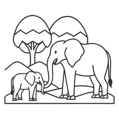 Stylized Elephants in Mountain Landscape – Minimal Black and White Vector Art
