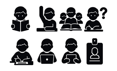 Solid style icons of students and learning: child reading, raising hand, group study, answering question, writing on paper, typing on laptop, student with tablet, school ID badge.