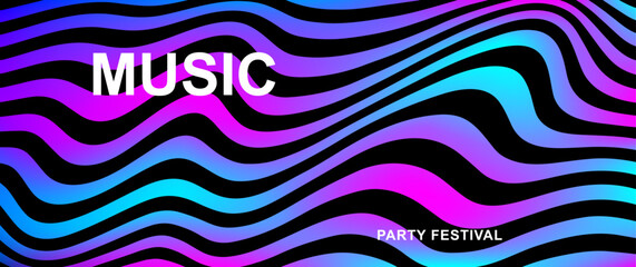 Music poster design vector background. Abstract cover template with gradient and black wave line. Ideal Electro Sound design for party, music festival, club, flyer, cards, social media, banner, ads.