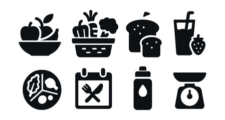 Solid style icons of healthy nutrition: fruit bowl, vegetable basket, whole grain bread, smoothie glass, balanced plate, meal planner, hydration bottle, portion scale.
