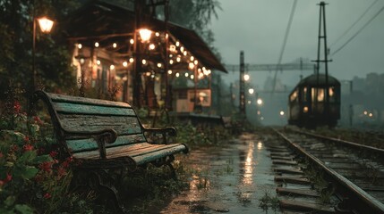 Rainy Evening at the Train Station with Vintage Bench and Warm Lights