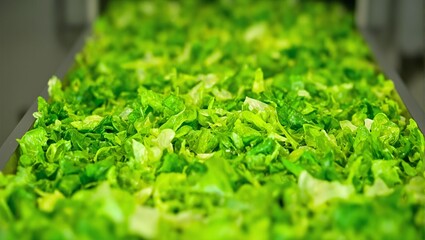 Fresh romaine lettuce leaves neatly arranged gliding towards a slicing station in a symphony of green layers Culinary perfection in motion