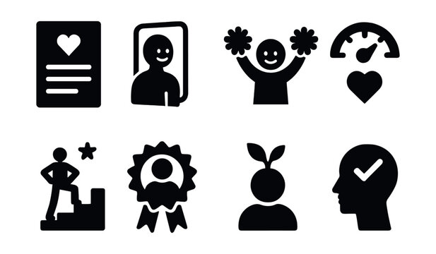 Solid style icons of self-esteem building: self-affirmation card, mirror smile, inner cheerleader, self-worth meter, confidence steps, proud badge, personal growth icon, belief icon.