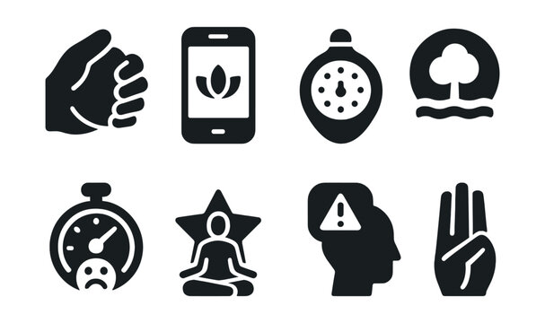 Solid style icons of stress management tools: stress ball, breathing app, mindfulness timer, nature sound icon, stress barometer, relaxation card, burnout alert, calm-down method.