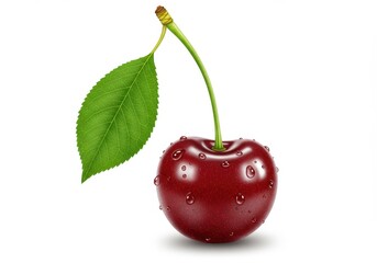 Close up of a ripe red cherry with water drops isolated on a white background