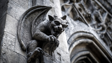 A menacing stone gargoyle perched high on an old building, its wings spread, guarding the structure with a fierce expression.