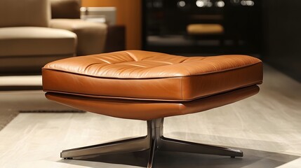 Stylish, light brown leather footstool in a modern room.
