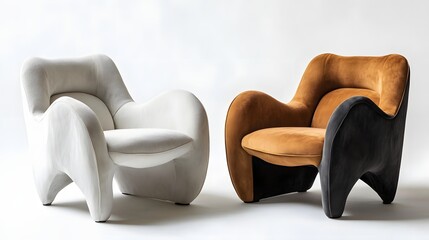 Two modern armchairs in neutral colors against a plain background.