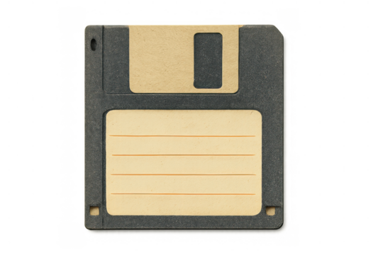 Old floppy disk isolated on transparent background, symbolizing retro technology and data storage evolution