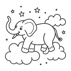 Whimsical Cartoon Elephant Sitting on Clouds – Minimalist Black & White Outline
