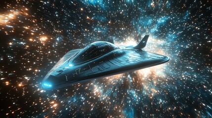 Obraz premium A sleek, futuristic spaceship soars through a vibrant, star-filled expanse.