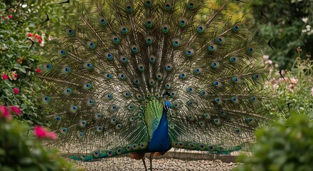 Obraz premium Peacock displaying plumage in garden setting