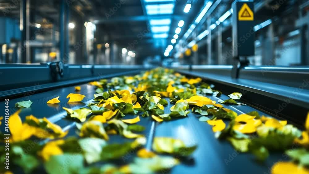 Poster a high-tech sorting system with organic waste flowing down the conveyor, where biodegradable materia