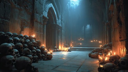 Mysterious Ancient Crypt with Skulls and Candles Illuminated by Ethereal Light