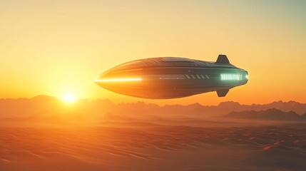 Fototapeta premium A futuristic spaceship hovers above a vast, desert landscape.