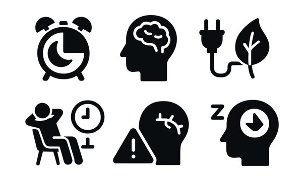 Solid style icons of burnout prevention: rest timer, mental fatigue icon, workload balance, recharge zone, wellness break, time boundary, exhaustion alert, mental rest icon.