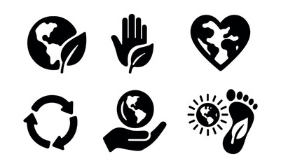 Solid style icons of ecological awareness: planet with leaf, eco hand icon, ecology heart, awareness ribbon, sustainability symbol, care for Earth, climate awareness badge, eco footprint.