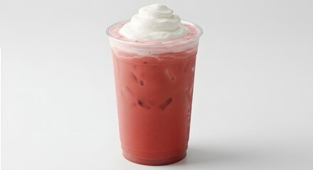 Takeaway Cup of Iced Strawberry Basil Latte with Whipped Cream Full View Unique Fruit Herb Beverage on White Background