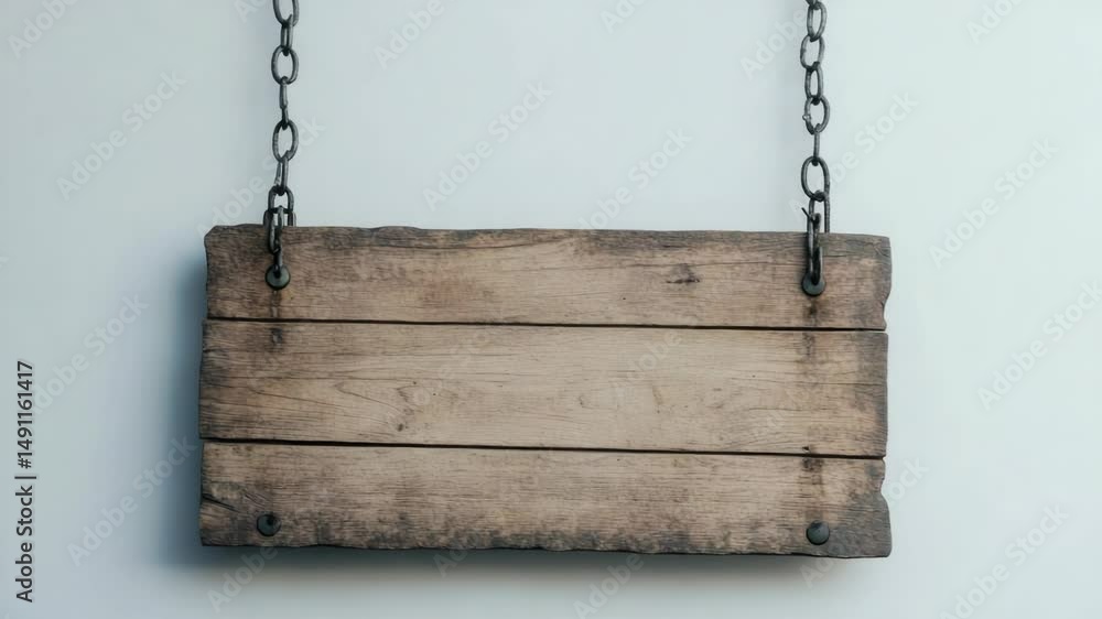 Poster a simple wooden sign hangs from a chain on a wall, with clean design and rustic charm