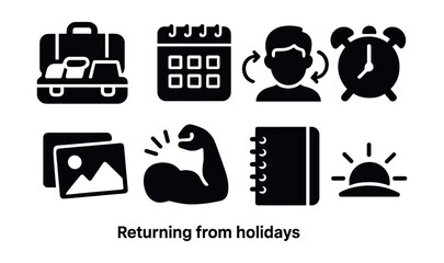 Solid style icons of returning from holidays: unpacked suitcase, school planner, back-to-routine icon, morning alarm, vacation photos icon, first day energy, new notebook, fresh start.
