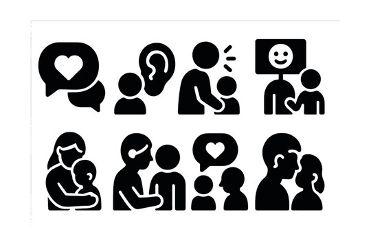Solid style icons of communication in families: heart chat icon, listening ear, calm talk, check-in moment, expression board, emotional support, parent conversation, talk bubble with heart.