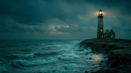 Obraz premium Lighthouse on a stormy coast at night dramatic ocean waves seabirds flying