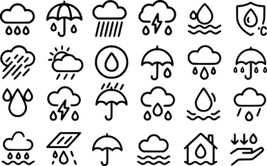 Simple Black Line Icons Representing Various Weather and Water Phenomena
