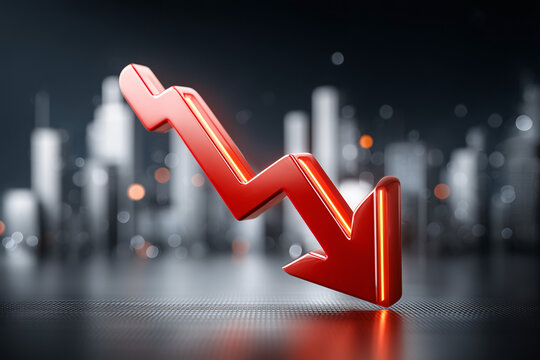 Red arrow pointing down in front of blurred city background