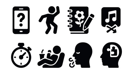 Solid style icons of casual daily fun: mobile trivia, dance break, doodling pad, random playlist, 5-minute game, snack and rest, breathing game, brain teaser.