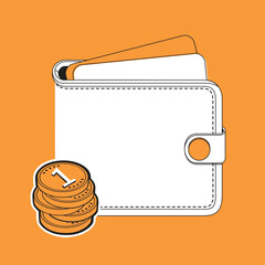 Wallet Vector Illustration with Coins on Orange Background