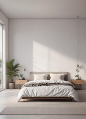 Modern minimalist bedroom with white walls, natural light, furniture, pillows