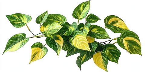 Heart-shaped variegated pothos plant with green-yellow leaves on white.
