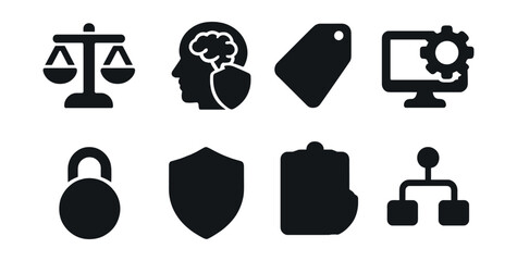 Solid style icons of AI ethics and safety: fairness scale, bias detection icon, explainability tag, transparency icon, privacy lock, responsible AI badge, safety protocol, audit trace.