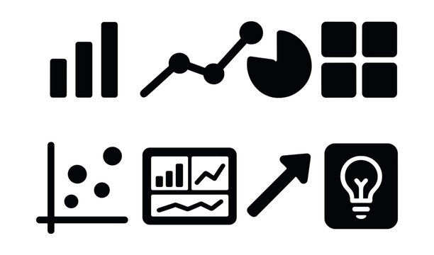 Solid style icons of data visualization tools: bar chart icon, line graph, pie segment, heatmap tile, scatter plot, dashboard view, trend arrow, insight panel.