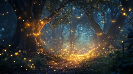 The stock photo showcases a magical forest illuminated by glowing fireflies and surrounded by ancient trees.