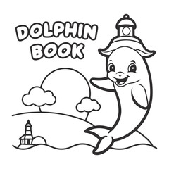 Black and White Cartoon Dolphin Swimming with Lighthouse Seascape