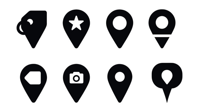 Solid style icons of pin types with labels: pin with tag, starred pin, custom color pin, labeled location, pinned note icon, pin with icon inside, icon-only pin, pin tooltip.