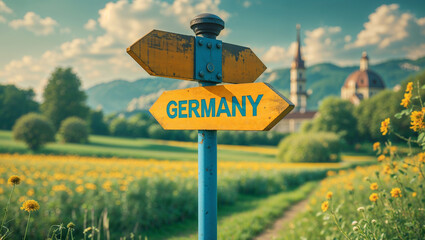 on the pole there is a direction arrow with the inscription      Germany against the background of a picturesque summer landscape